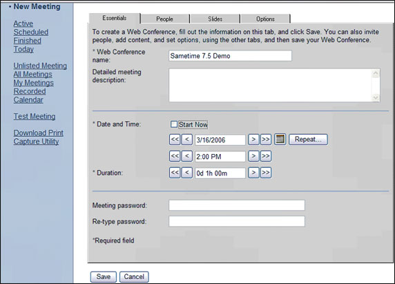 Meeting Creation dialog box -- Essentials tab