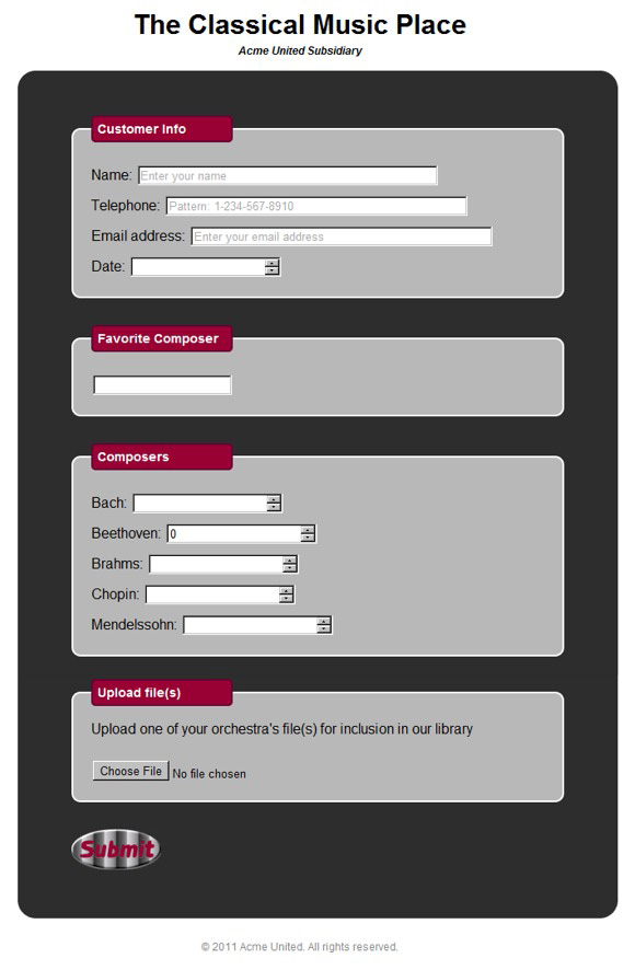 Form with with customer,         favorite composer, composers, and upload files sections with various fill-in and         drop-down fields.