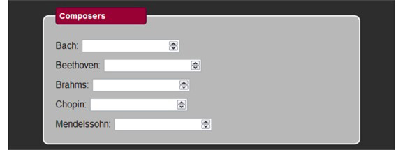 The Composers section with          5 fields, one for each composer, with a drop-down list.