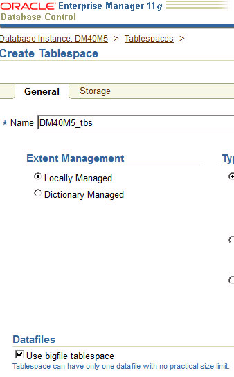 Create Tablespace view, Name field