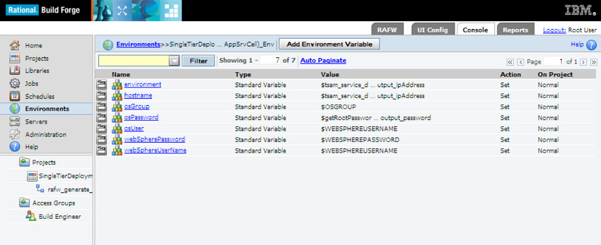 Screen capture shows environment variables for the generated RAFW project