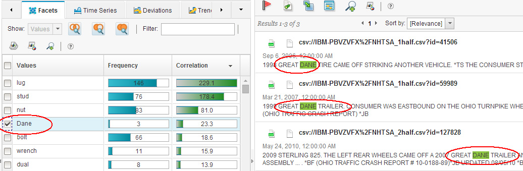 Screen capture of a list of facet values with Dane selected on the left, and on the right a few complaint summaries with the word Dane highlighted