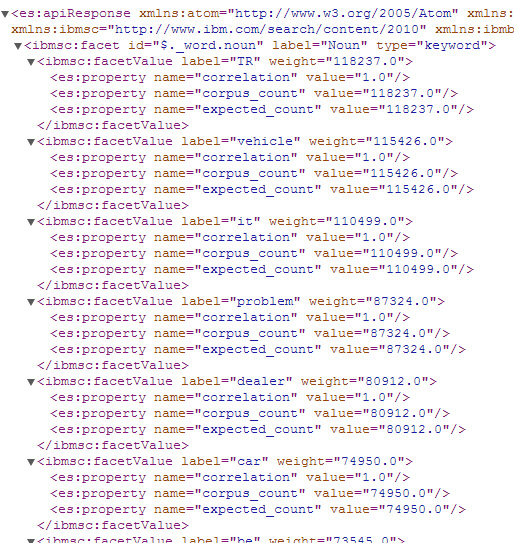 Screen capture of the contents of an XML file with containing the values of linguistic facets and associated frequency and correlation scores